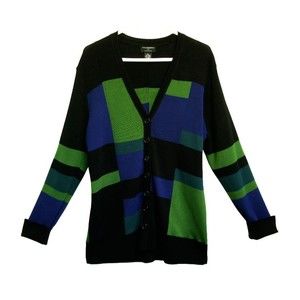 Philosophy Womens Cardigan XL Black Green Blue Color Block Long Sleeve Button Up